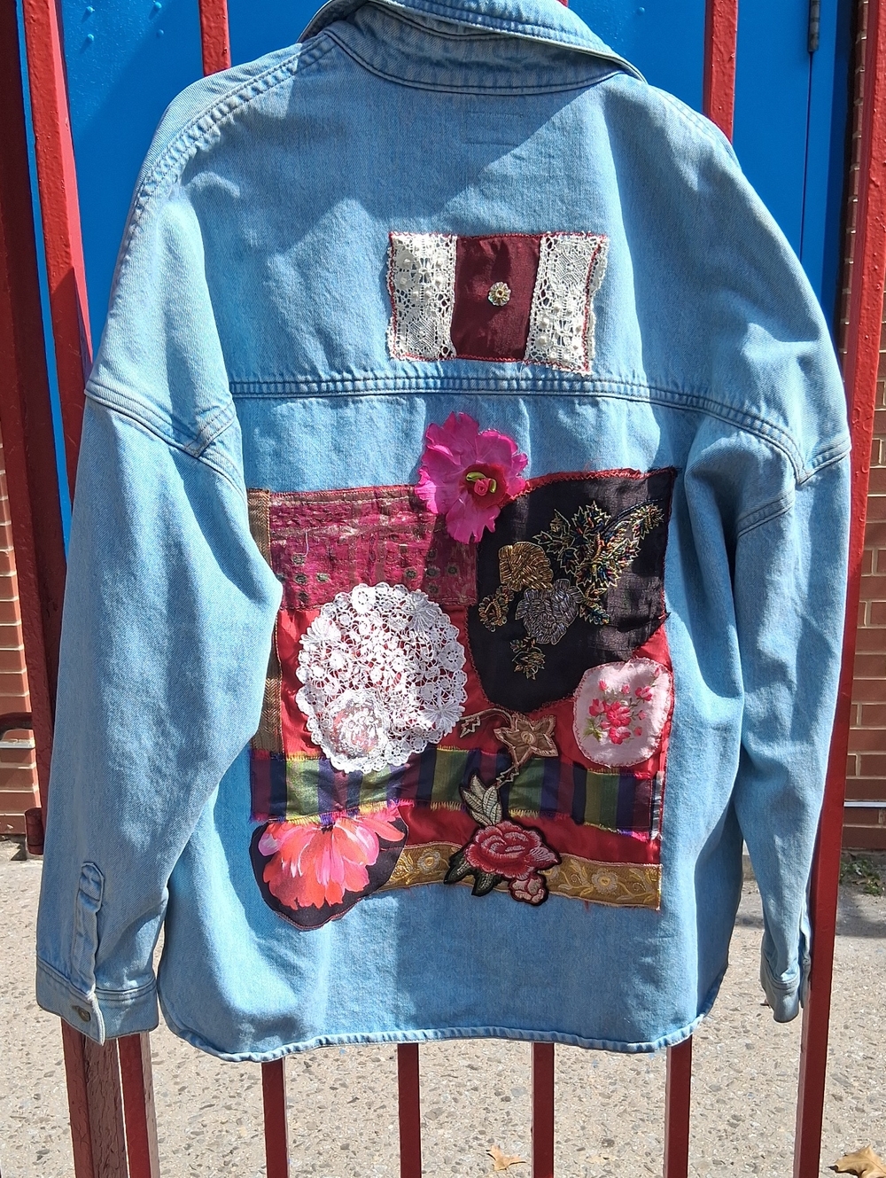 Express Light Blue Denim Jacket Unique with Upcycled Patchwork Floral Appliqués